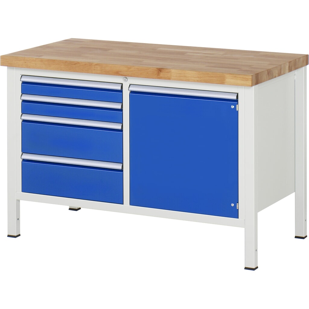 Pracovný stôl RAU série 8000, počet dvojitých kontajnerov: 1, 1 krídlové dvere, v × š × h 840 × 1 250 × 700 mm, 4 zásuv. Obrázok výrobku: Pracovný stôl RAU série 8000, počet dvojitých kontajnerov: 1, 1 krídlové dvere, v × š × h 840 × 1 250 × 700 mm, 4 zásuv.