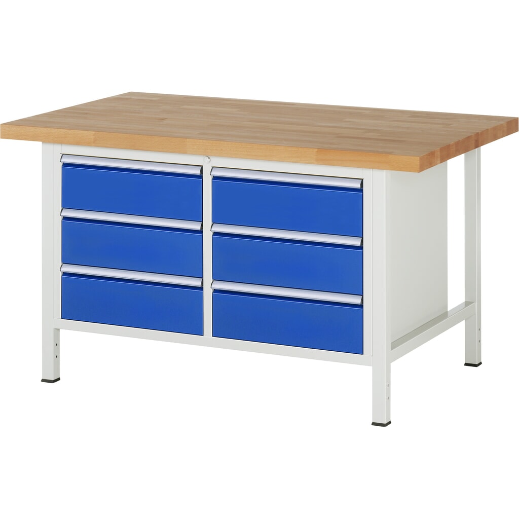 Pracovný stôl RAU série 8 000, v × š × h 840 – 1 040 × 1 500 × 900 mm, 1 dvojitý podstavný kontajner, s 6 zásuvkami Obrázok výrobku: Pracovný stôl RAU série 8 000, v × š × h 840 – 1 040 × 1 500 × 900 mm, 1 dvojitý podstavný kontajner, s 6 zásuvkami