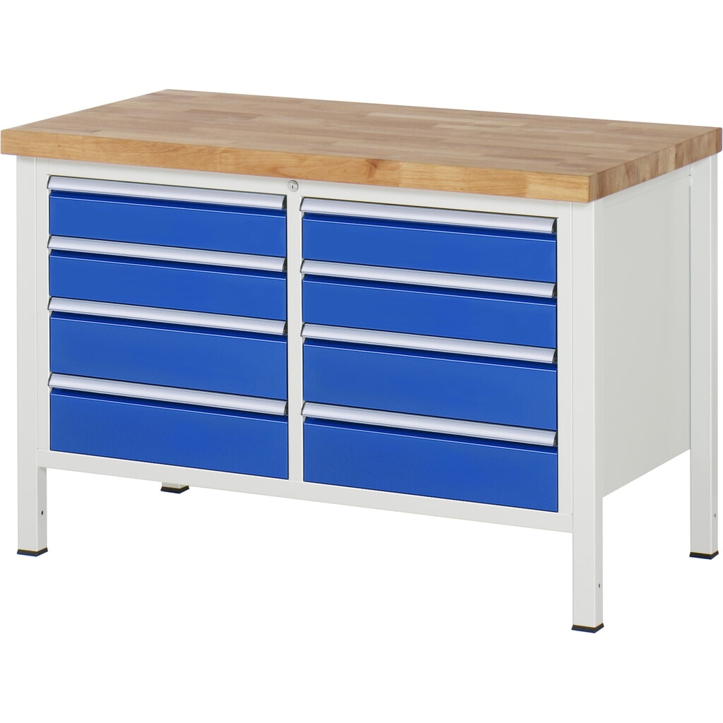 Číslo obrázka výrobku 1: Pracovný stôl RAU série 8 000, v × š × h 840 – 1 040 × 1 250 × 700 mm, 1 dvojitý podstavný kontajner, s 8 zásuvkami