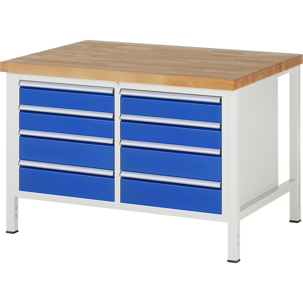 Číslo obrázka výrobku 1: Pracovný stôl RAU série 8 000, v × š × h 840 – 1 040 × 1 250 × 900 mm, 1 dvojitý podstavný kontajner, s 8 zásuvkami