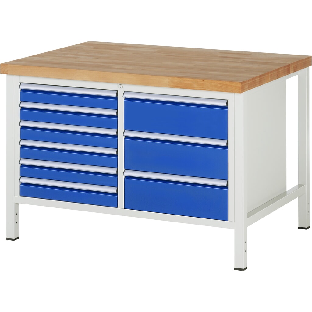 Číslo obrázka výrobku 1: Pracovný stôl RAU série 8 000, v × š × h 840 – 1 040 × 1 250 × 900 mm, 1 dvojitý podstavný kontajner, s 9 zásuvkami