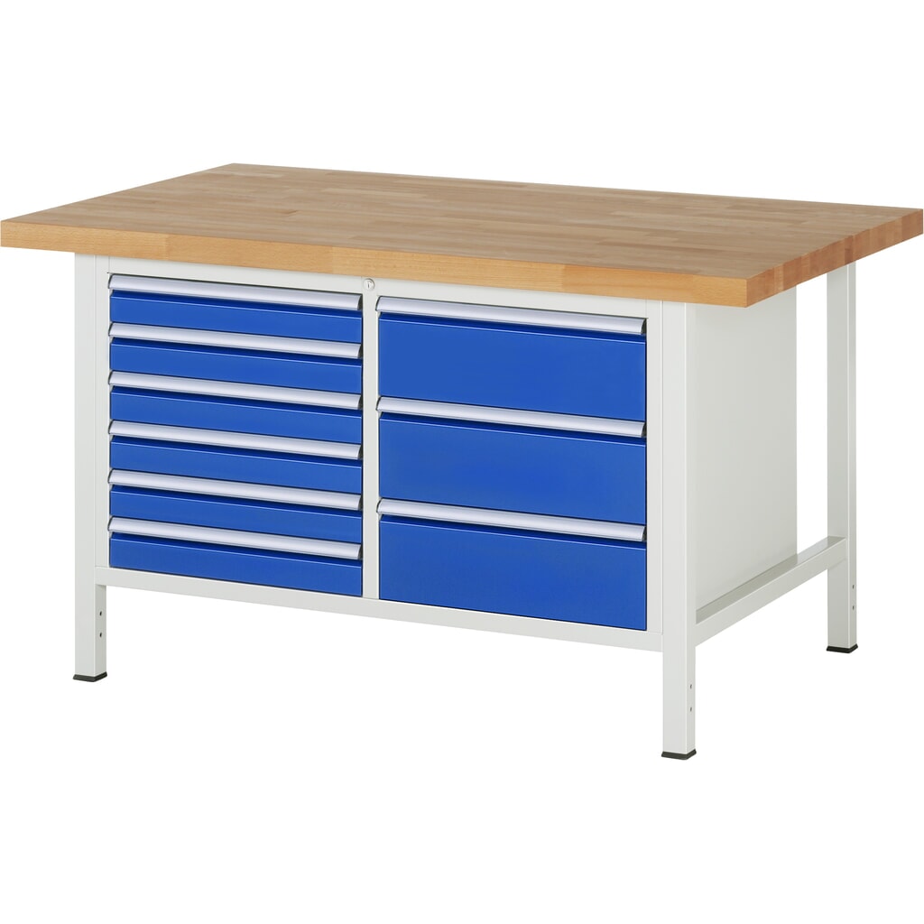 Pracovný stôl RAU série 8 000, v × š × h 840 – 1 040 × 1 500 × 900 mm, 1 dvojitý podstavný kontajner, s 9 zásuvkami Číslo obrázka výrobku 1: Pracovný stôl RAU série 8 000, v × š × h 840 – 1 040 × 1 500 × 900 mm, 1 dvojitý podstavný kontajner, s 9 zásuvkami