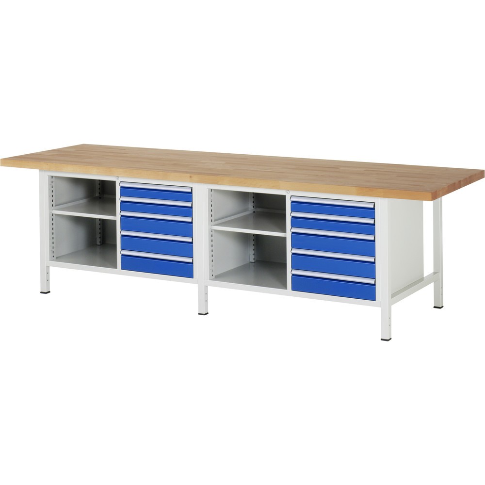 Pracovný stôl RAU série 8000, počet dvojitých kontajnerov: 2, 1 polica, v × š × h 840 × 3 000 × 900 mm, 10 zásuv. Číslo obrázka výrobku 1: Pracovný stôl RAU série 8000, počet dvojitých kontajnerov: 2, 1 polica, v × š × h 840 × 3 000 × 900 mm, 10 zásuv.