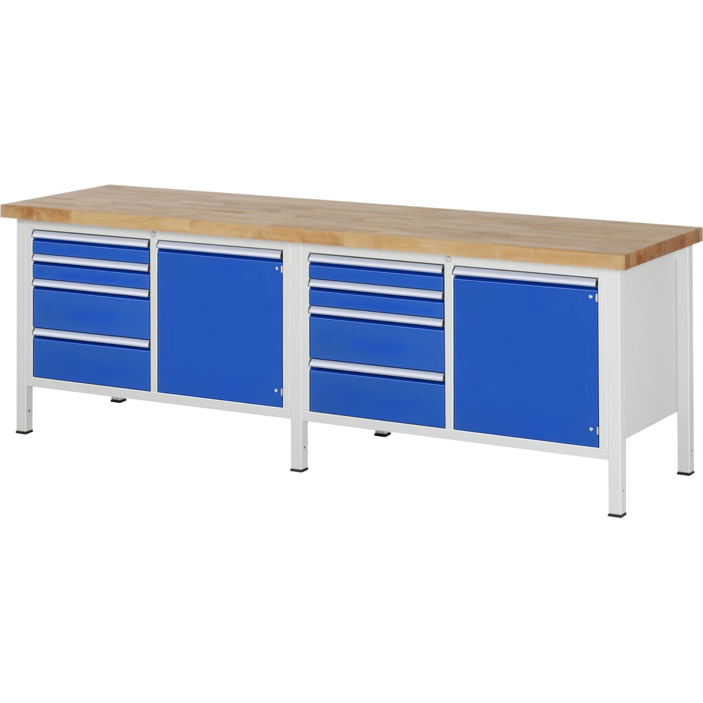 Pracovný stôl RAU série 8000, počet dvojitých kontajnerov: 2, 2 krídlové dvere, v × š × h 840 × 2 500 × 700 mm, 8 zásuv. Číslo obrázka výrobku 1: Pracovný stôl RAU série 8000, počet dvojitých kontajnerov: 2, 2 krídlové dvere, v × š × h 840 × 2 500 × 700 mm, 8 zásuv.