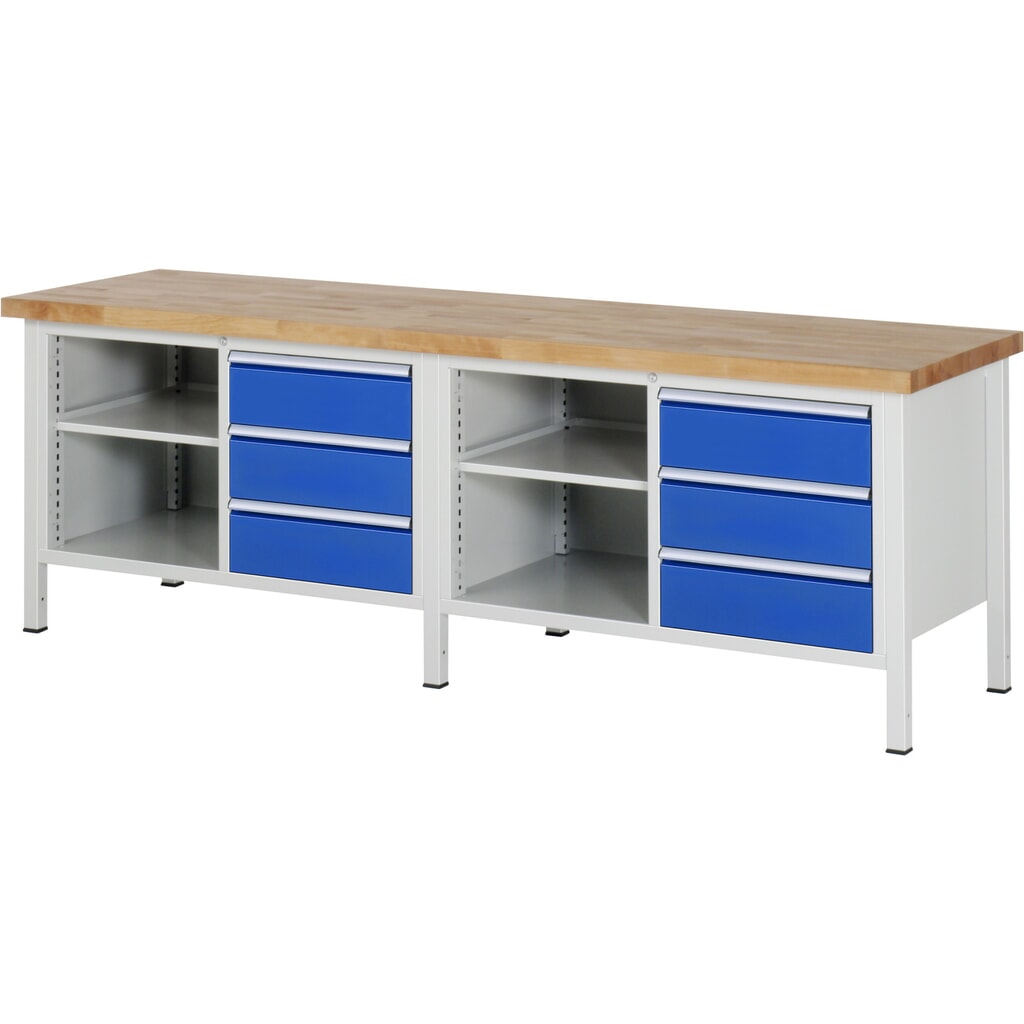 Pracovný stôl RAU série 8000, počet dvojitých kontajnerov: 2, v × š × h 840 × 2 500 × 700 mm, 6 zásuv., 1 odkladacie dno, hĺbka 350 mm Číslo obrázka výrobku 1: Pracovný stôl RAU série 8000, počet dvojitých kontajnerov: 2, v × š × h 840 × 2 500 × 700 mm, 6 zásuv., 1 odkladacie dno, hĺbka 350 mm