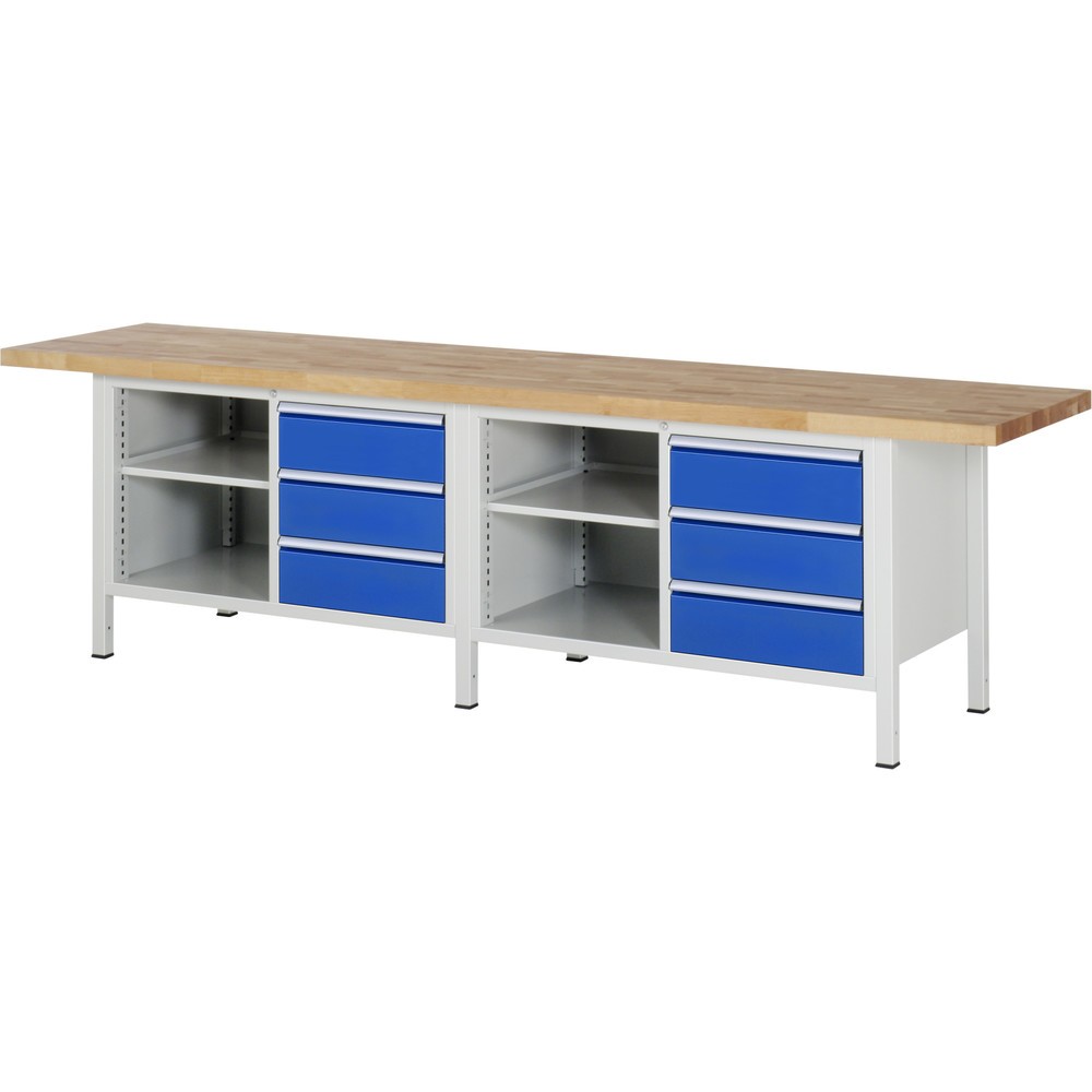Číslo obrázka výrobku 1: Pracovný stôl RAU série 8000, počet dvojitých kontajnerov: 2, v × š × h 840 × 3 000 × 700 mm, 6 zásuv., 1 odkladacie dno, hĺbka 350 mm