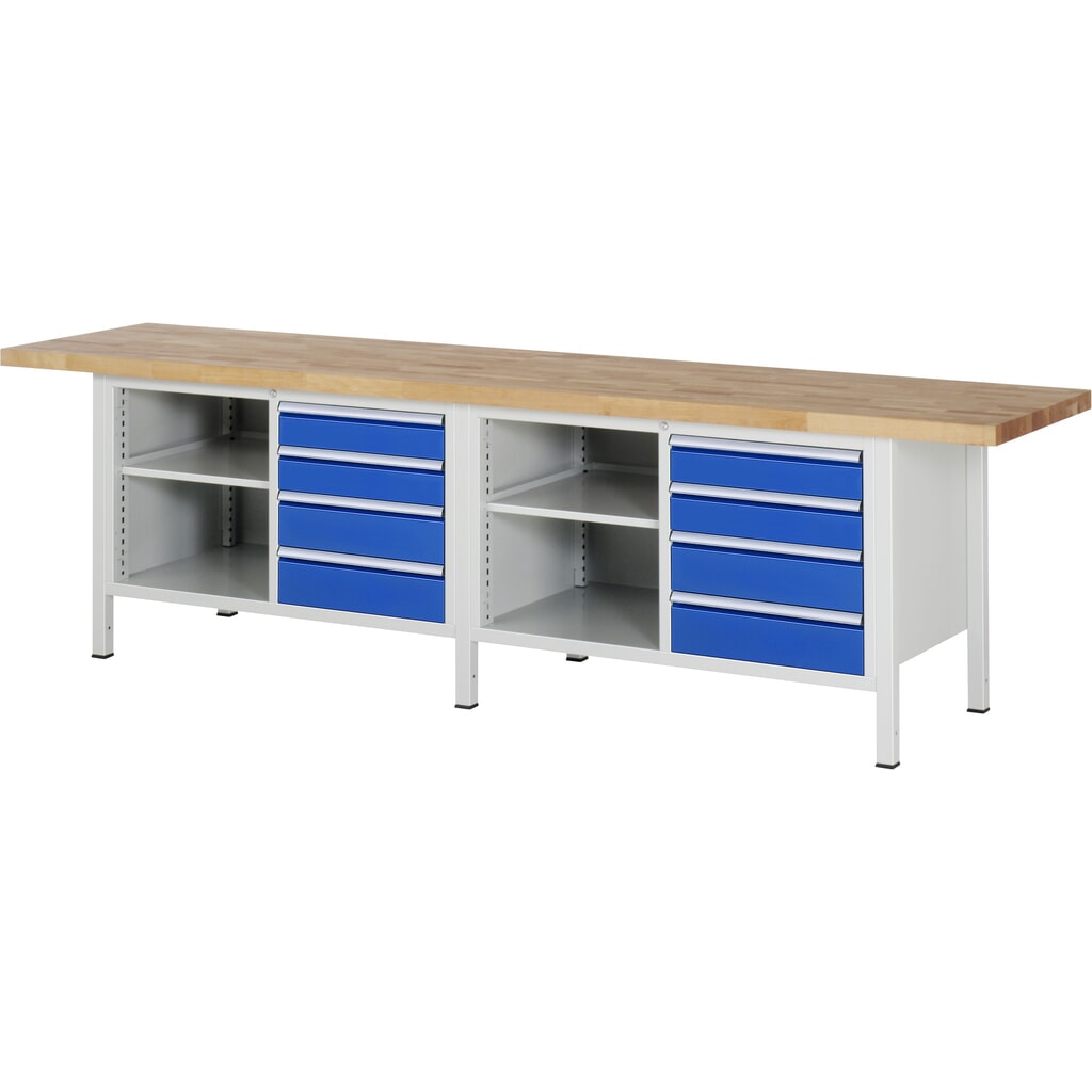 Pracovný stôl RAU série 8 000, v × š × h 840 – 1 040 × 3 000 × 700 mm, 2 dvojitý podstavný kontajner, so 4 zásuvkami Obrázok výrobku: Pracovný stôl RAU série 8 000, v × š × h 840 – 1 040 × 3 000 × 700 mm, 2 dvojitý podstavný kontajner, so 4 zásuvkami