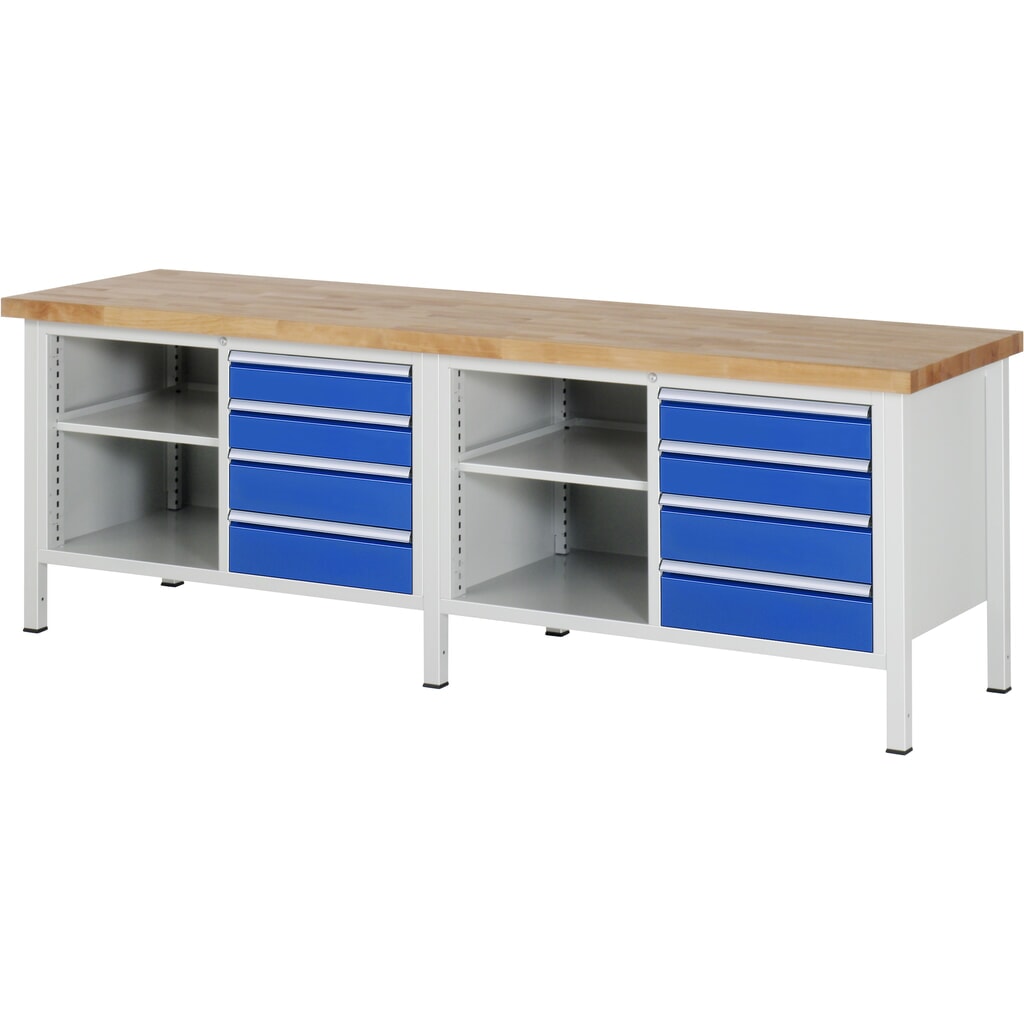 Pracovný stôl RAU série 8 000, v × š × h 840 – 1 040 × 2 500 × 700 mm, 2 dvojitý podstavný kontajner, so 4 zásuvkami Obrázok výrobku: Pracovný stôl RAU série 8 000, v × š × h 840 – 1 040 × 2 500 × 700 mm, 2 dvojitý podstavný kontajner, so 4 zásuvkami