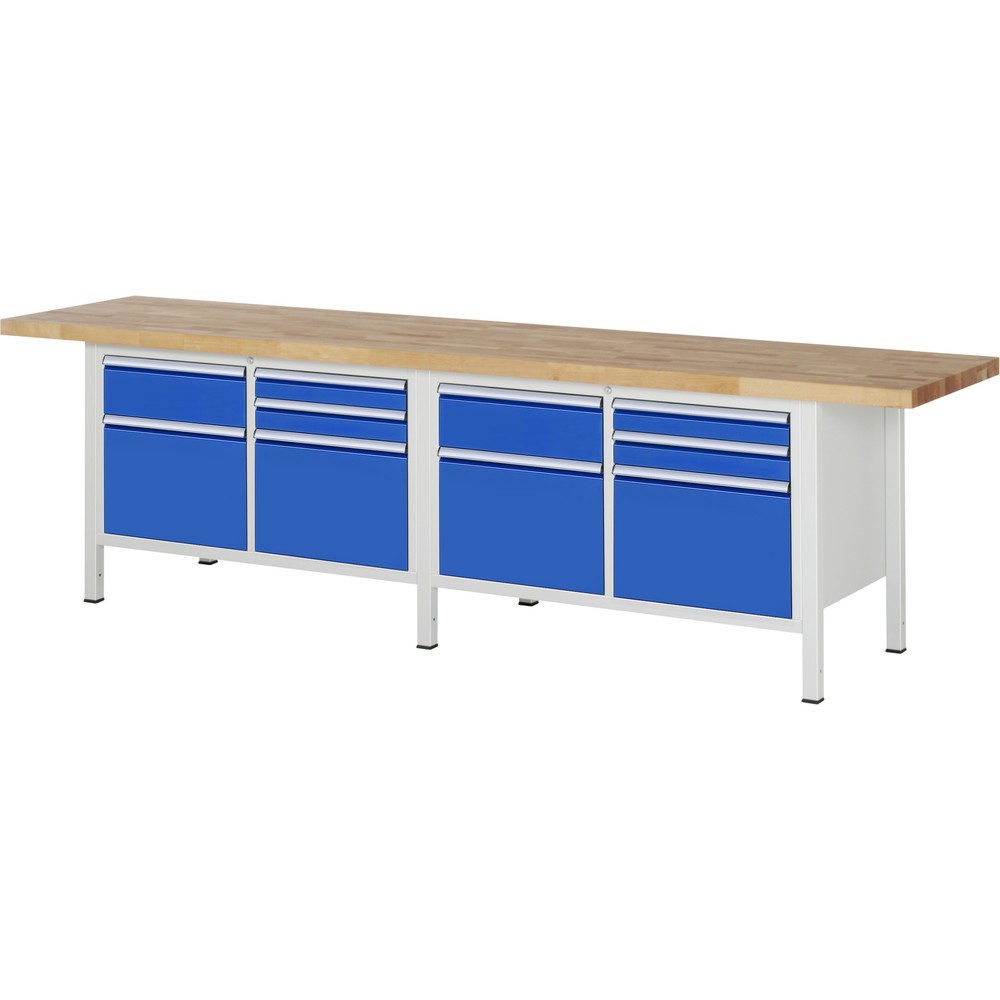 Obrázok výrobku: Pracovný stôl RAU série 8000, počet dvojitých kontajnerov: 2, v × š × h 840 – 1 040 × 3 000 × 700 mm, 10 zásuv.