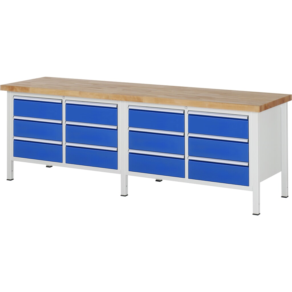 Obrázok výrobku: Pracovný stôl RAU série 8 000, v × š × h 840 – 1 040 × 2 500 × 700 mm, 2 dvojitý podstavný kontajner, so 6 zásuvkami