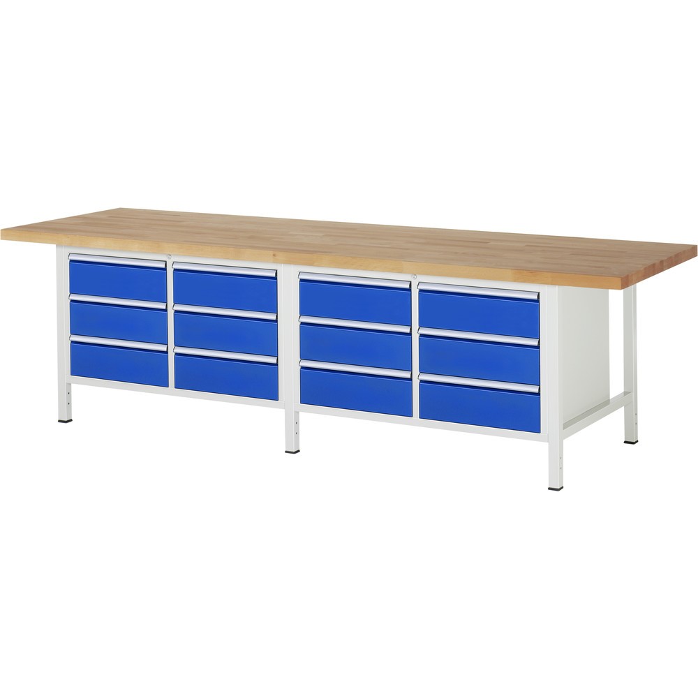 Obrázok výrobku: Pracovný stôl RAU série 8 000, v × š × h 840 – 1 040 × 3 000 × 900 mm, 2 dvojitý podstavný kontajner, so 6 zásuvkami