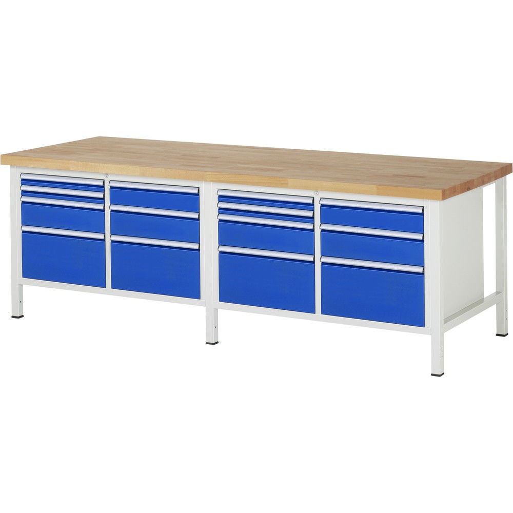 Obrázok výrobku: Pracovný stôl RAU série 8000, počet dvojitých kontajnerov: 2, v × š × h 840 – 1 040 × 2 500 × 900 mm, 14 zásuv.