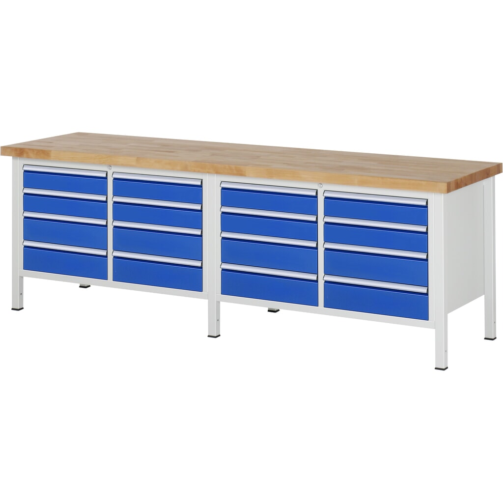 Číslo obrázka výrobku 1: Pracovný stôl RAU série 8 000, v × š × h 840 – 1 040 × 2 500 × 700 mm, 2 dvojitý podstavný kontajner, so 8 zásuvkami