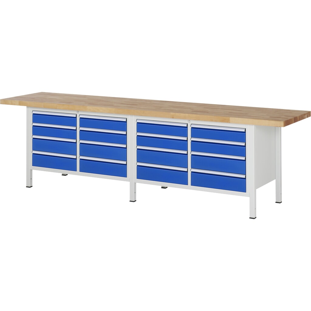 Pracovný stôl RAU série 8 000, v × š × h 840 – 1 040 × 3 000 × 700 mm, 2 dvojitý podstavný kontajner, so 8 zásuvkami Obrázok výrobku: Pracovný stôl RAU série 8 000, v × š × h 840 – 1 040 × 3 000 × 700 mm, 2 dvojitý podstavný kontajner, so 8 zásuvkami