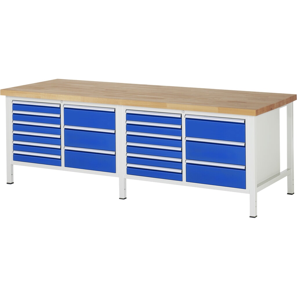 Pracovný stôl RAU série 8 000, v × š × h 840 – 1 040 × 2 500 × 900 mm, 2 dvojitý podstavný kontajner, so 9 zásuvkami Obrázok výrobku: Pracovný stôl RAU série 8 000, v × š × h 840 – 1 040 × 2 500 × 900 mm, 2 dvojitý podstavný kontajner, so 9 zásuvkami