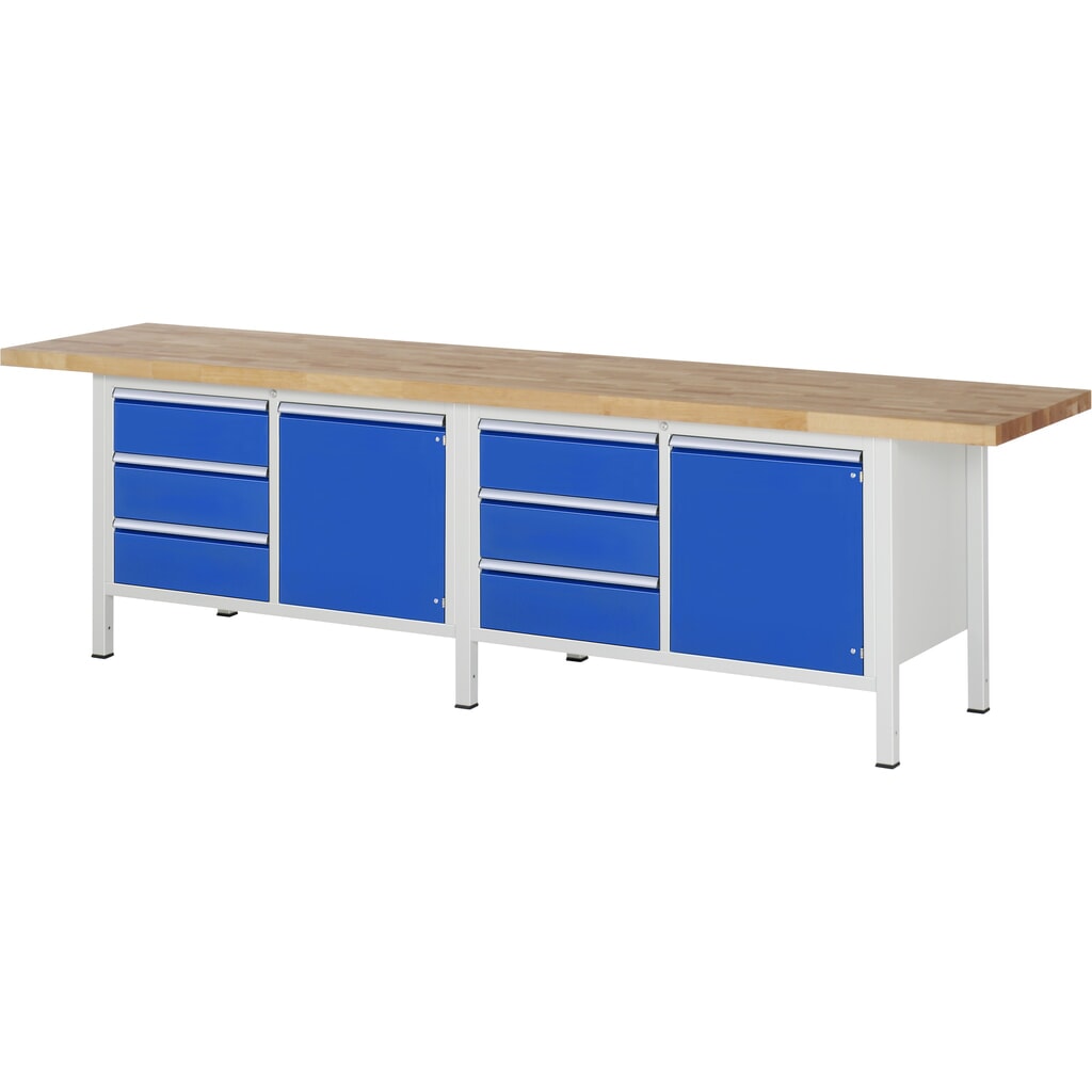 Obrázok výrobku: Pracovný stôl RAU série 8 000, v × š × h 840 – 1 040 × 3 000 × 700 mm, 2 dvojité podstavné kontajnery, s 3 zásuvkami a 1 krídlovými dverami