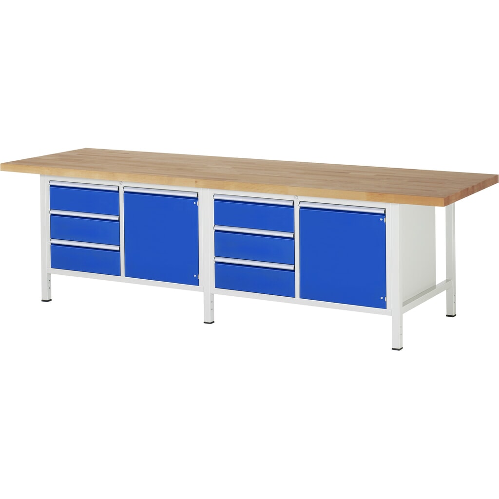 Obrázok výrobku: Pracovný stôl RAU série 8 000, v × š × h 840 – 1 040 × 3 000 × 900 mm, 2 dvojité podstavné kontajnery, s 3 zásuvkami a 1 krídlovými dverami