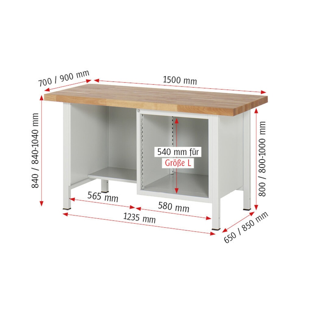Číslo obrázka výrobku 8: Pracovný stôl RAU série 8000, 1 odkladacie dno, 1 krídlové dvere, v × š × h 840 – 1 040 × 1 500 × 900 mm, 1 zásuvka