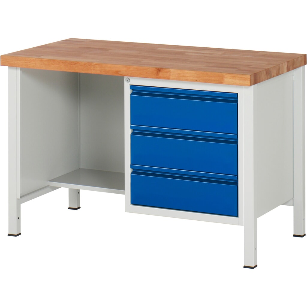 Pracovný stôl RAU série 8000, 1 odkladacie dno, v × š × h 840 – 1 040 × 1 250 × 700 mm, 3 zásuv. Číslo obrázka výrobku 1: Pracovný stôl RAU série 8000, 1 odkladacie dno, v × š × h 840 – 1 040 × 1 250 × 700 mm, 3 zásuv.