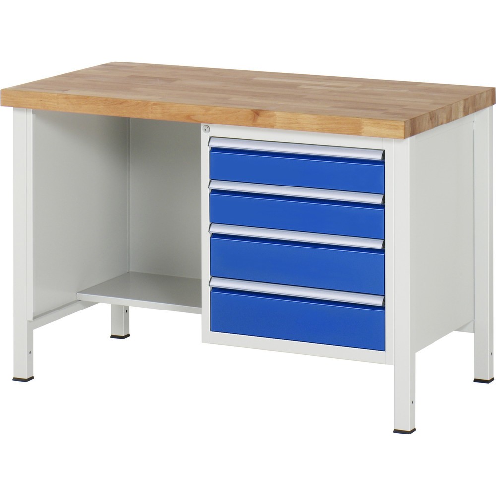 Číslo obrázka výrobku 1: Pracovný stôl RAU série 8000, 1 odkladacie dno, v × š × h 840 – 1 040 × 1 250 × 700 mm, 4 zásuv. s 90 % vysunutím