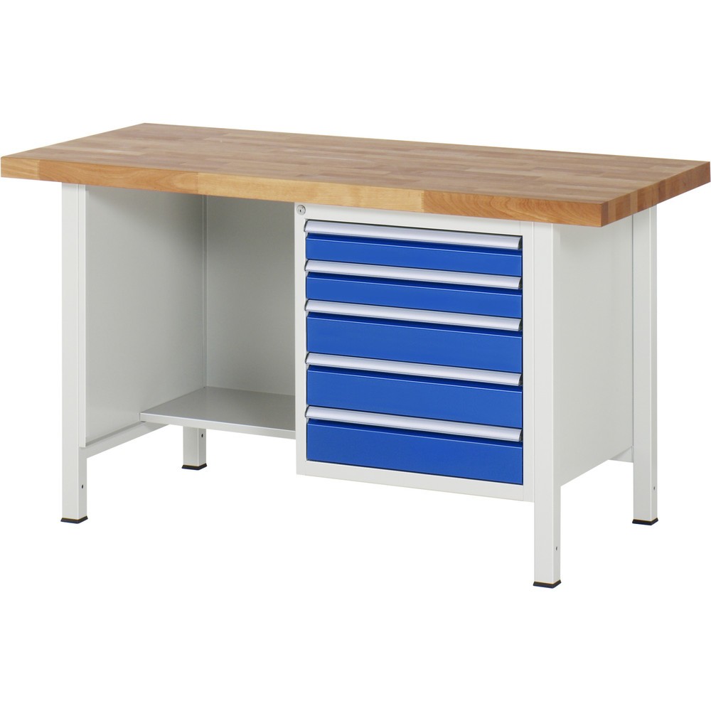 Číslo obrázka výrobku 1: Pracovný stôl RAU série 8000, 1 odkladacie dno, v × š × h 840 – 1 040 × 1 500 × 700 mm, 5 zásuv. s 90 % vysunutím