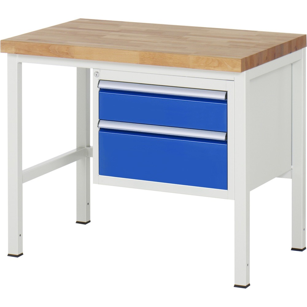Číslo obrázka výrobku 1: Pracovný stôl RAU série 8000, v × š × h 840 – 1 040 × 1 000 × 700 mm, 2 zásuv. s 90 % vysunutím, 1 × 150, 1 × 210 mm, nosnosť zásuv. 100 kg