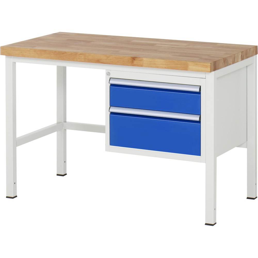 Obrázok výrobku: Pracovný stôl RAU série 8000, v × š × h 840 – 1 040 × 1 250 × 700 mm, 2 zásuv. s 100 % vysunutím, 1 × 150, 1 × 210 mm, nosnosť zásuv. 100 kg