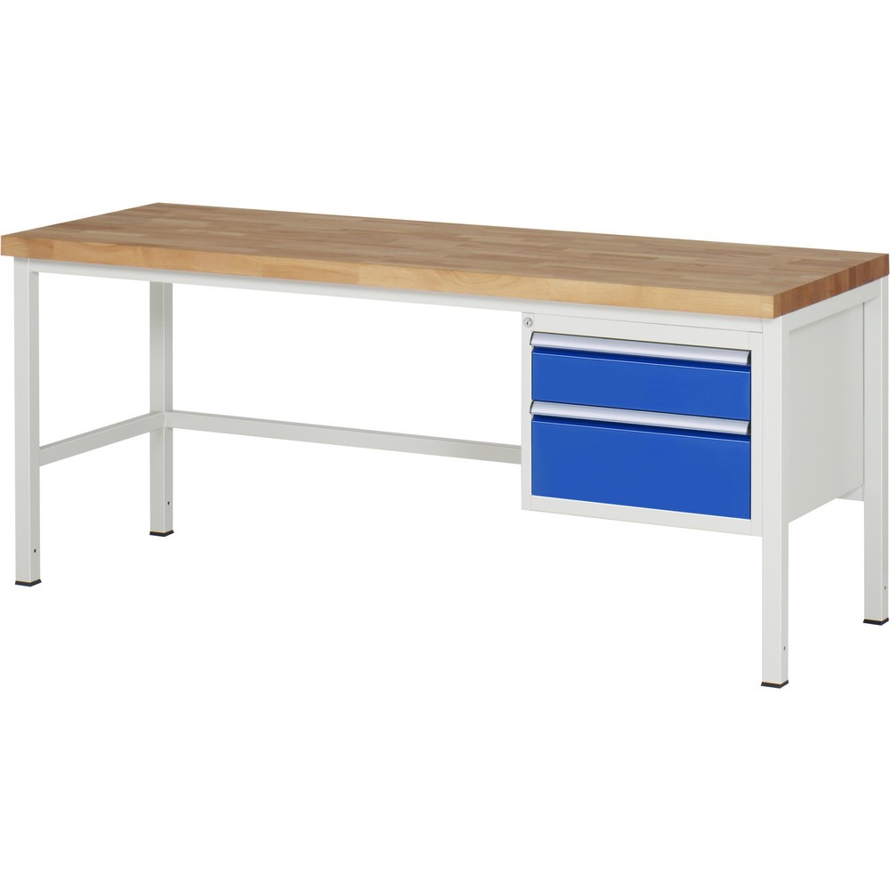 Číslo obrázka výrobku 1: Pracovný stôl RAU série 8000, v × š × h 840 – 1 040 × 2 000 × 700 mm, 2 zásuv. s 90 % vysunutím, 1 × 150, 1 × 210 mm, nosnosť zásuv. 100 kg