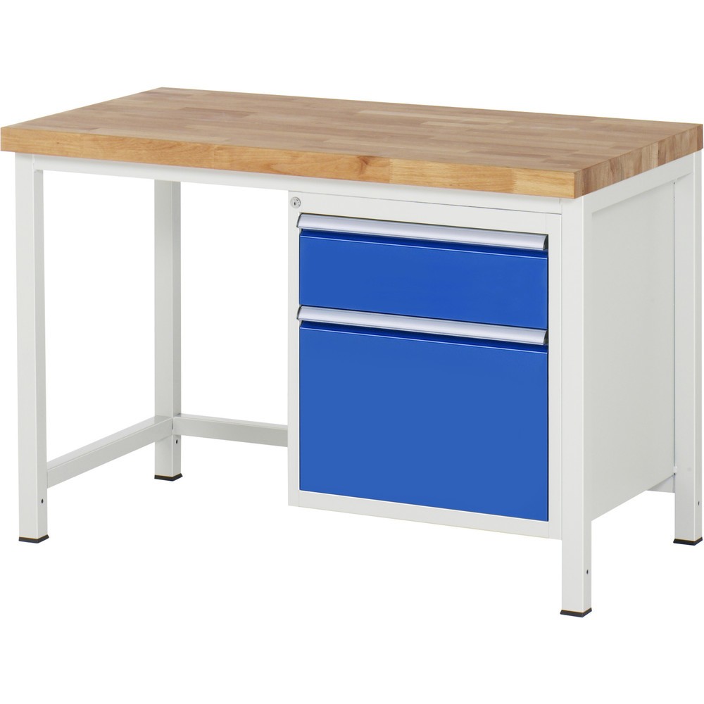 Obrázok výrobku: Pracovný stôl RAU série 8000, v × š × h 840 × 1 250 × 700 mm, 2 zásuv. s 90 % vysunutím, 1 × 180, 1 × 360 mm, nosnosť zásuv. 100 kg