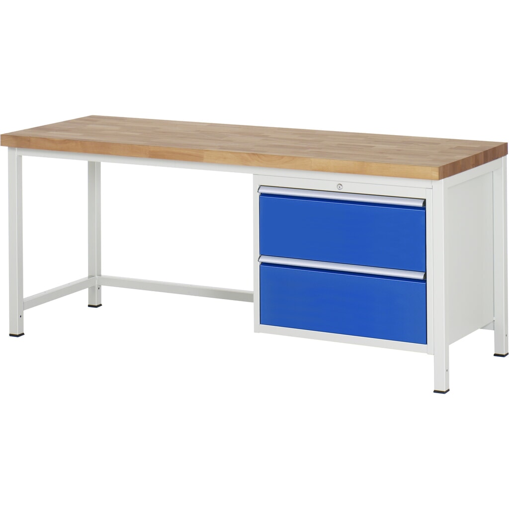 Obrázok výrobku: Pracovný stôl RAU série 8000, v × š × h 840 × 2 000 × 700 mm, 2 zásuv. so 100 % vysunutím, 2 × 270 mm, nosnosť zásuv. 75 kg