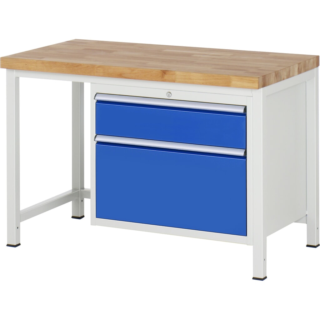 Obrázok výrobku: Pracovný stôl RAU série 8000, v × š × h 840 × 1 250 × 700 mm, 2 zásuv. s 90 % vysunutím, 1 × 180, 1 × 360 mm, nosnosť zásuv. 75 kg