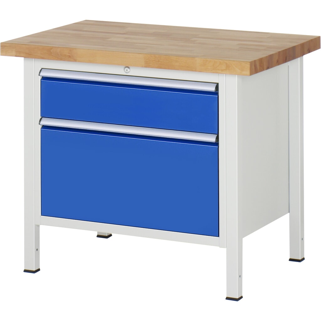 Obrázok výrobku: Pracovný stôl RAU série 8000, v × š × h 840 × 1 000 × 700 mm, 2 zásuv. s 90 % vysunutím, 1 × 180, 1 × 360 mm, nosnosť zásuv. 75 kg