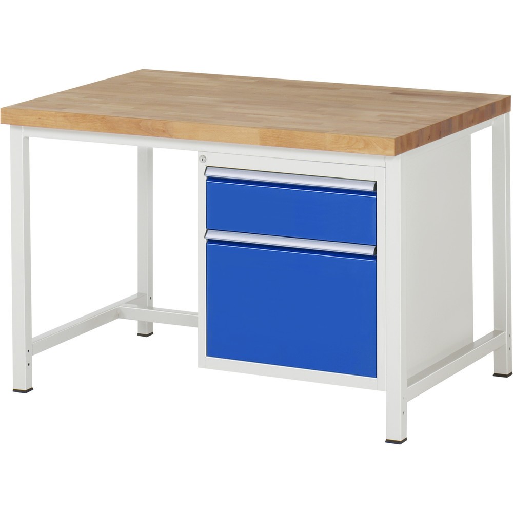 Číslo obrázka výrobku 1: Pracovný stôl RAU série 8000, v × š × h 840 × 1 250 × 900 mm, 2 zásuv. s 100 % vysunutím, 1 × 180, 1 × 360 mm, nosnosť zásuv. 100 kg