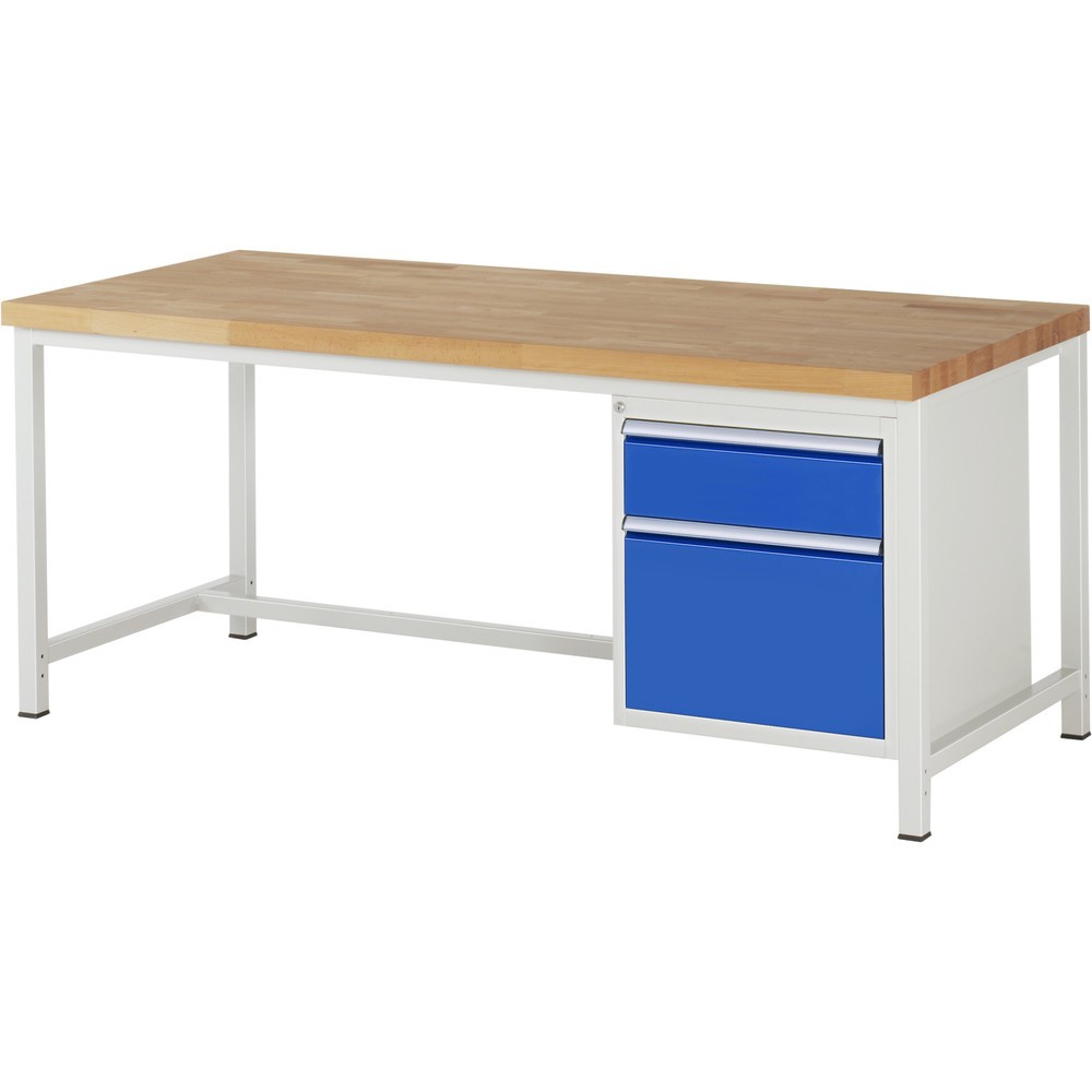 Číslo obrázka výrobku 1: Pracovný stôl RAU série 8000, v × š × h 840 – 1 040 × 2 000 × 900 mm, 2 zásuv. s 90 % vysunutím, 1 × 180, 1 × 360 mm, nosnosť zásuv. 100 kg
