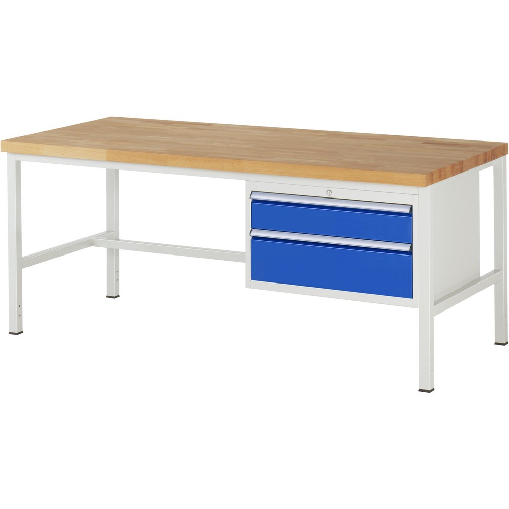 Číslo obrázka výrobku 1: Pracovný stôl RAU série 8000, v × š × h 840 – 1 040 × 2 000 × 900 mm, 2 zásuv. s 100 % vysunutím, 1 × 150, 1 × 210 mm, nosnosť zásuv. 75 kg