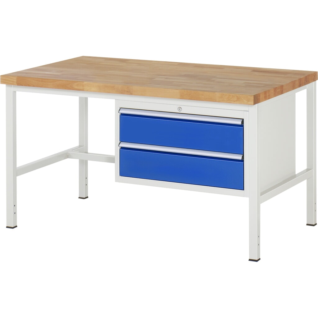 Obrázok výrobku: Pracovný stôl RAU série 8000, v × š × h 840 – 1 040 × 1 500 × 900 mm, 2 zásuv. s 90 % vysunutím, 2 × 180 mm, nosnosť zásuv. 75 kg