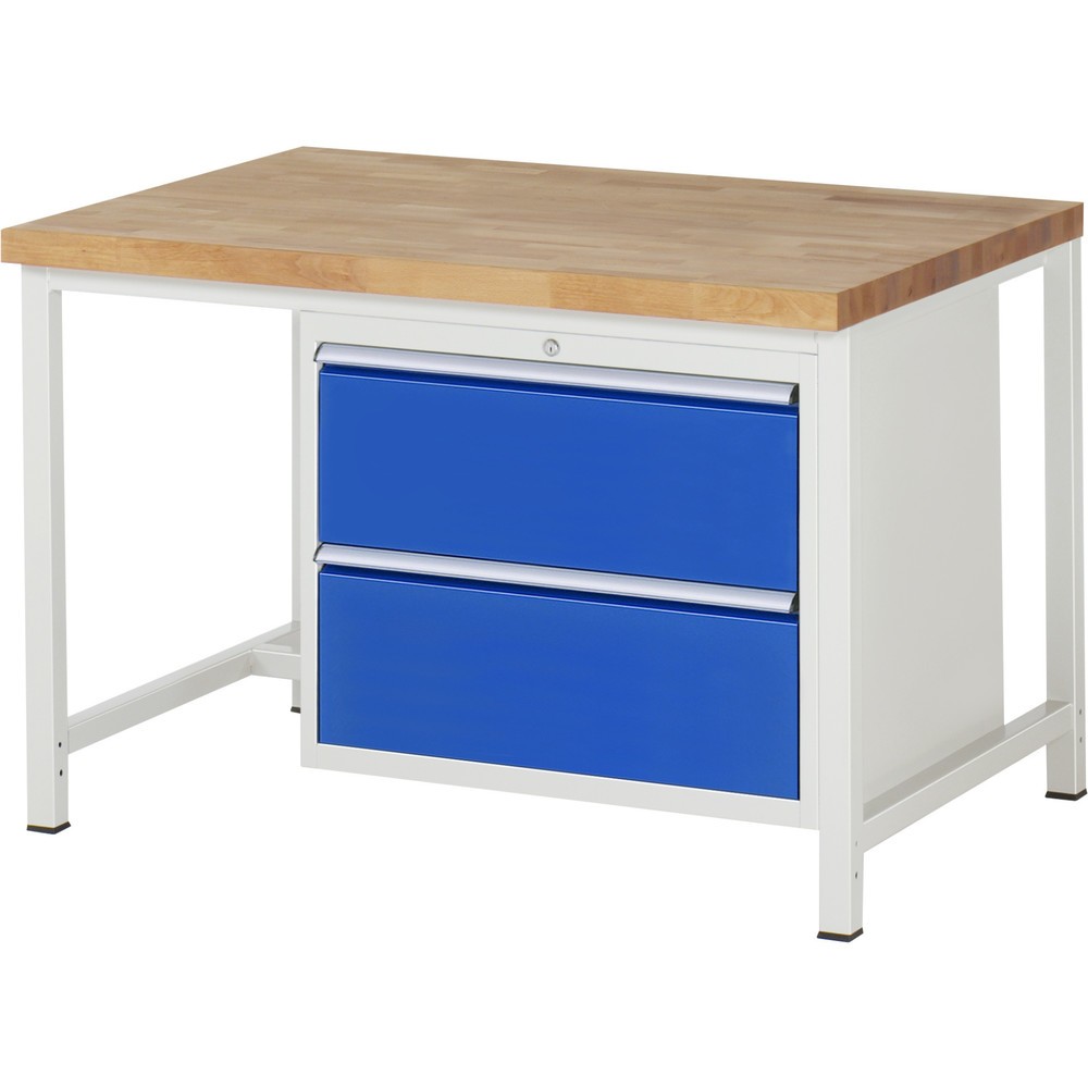 Číslo obrázka výrobku 1: Pracovný stôl RAU série 8 000, v × š × h 840 – 1 040 × 1 250 × 900 mm, 2 zásuvky s 100 % vysunutím, 2 × 270 mm, nosnosť zásuvky 75 kg