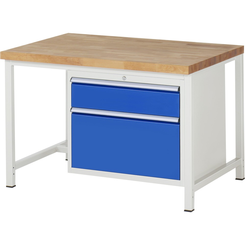 Číslo obrázka výrobku 1: Pracovný stôl RAU série 8000, v × š × h 840 – 1 040 × 1 250 × 900 mm, 2 zásuv. so 100 % vysunutím, 1 × 180, 1 × 360 mm, nosnosť zásuv. 75 kg