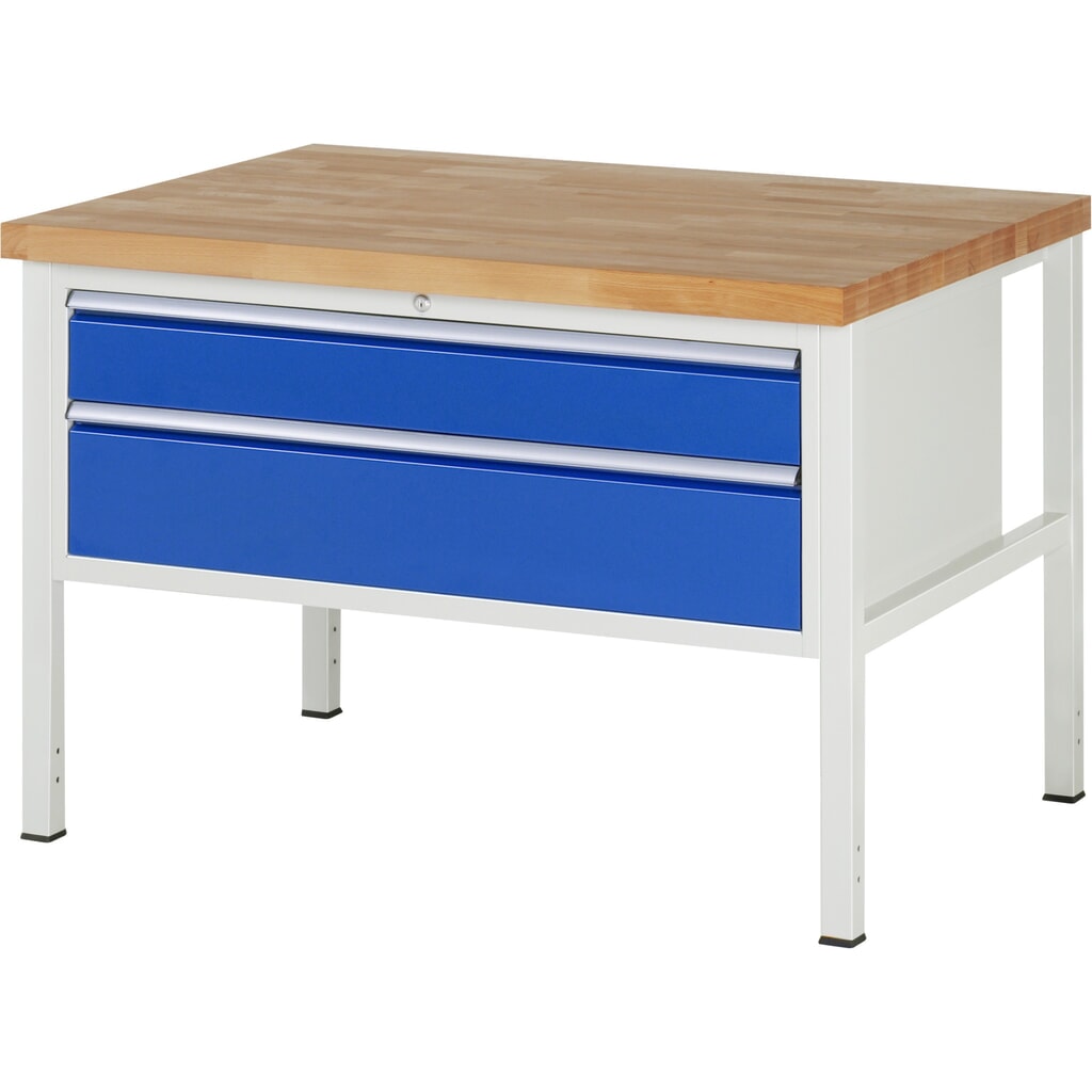 Pracovný stôl RAU série 8000, v × š × h 840 – 1 040 × 1 250 × 900 mm, 2 zásuv. so 100 % vysunutím, 1 × 150, 1 × 210 mm, nosnosť zásuv. 50 kg Obrázok výrobku: Pracovný stôl RAU série 8000, v × š × h 840 – 1 040 × 1 250 × 900 mm, 2 zásuv. so 100 % vysunutím, 1 × 150, 1 × 210 mm, nosnosť zásuv. 50 kg