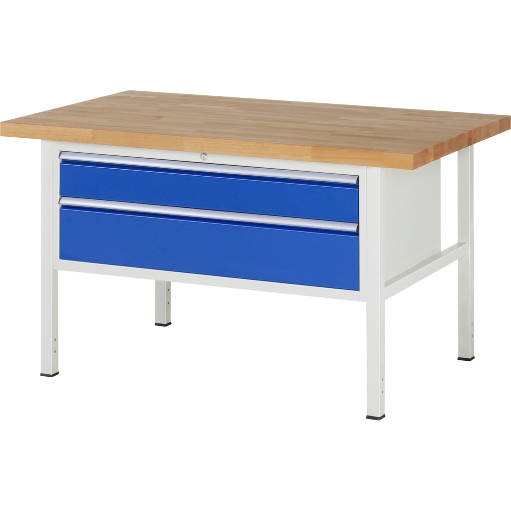 Obrázok výrobku: Pracovný stôl RAU série 8000, v × š × h 840 – 1 040 × 1 500 × 900 mm, 2 zásuv. s 90 % vysunutím, 1 × 150, 1 × 210 mm, nosnosť zásuv. 50 kg