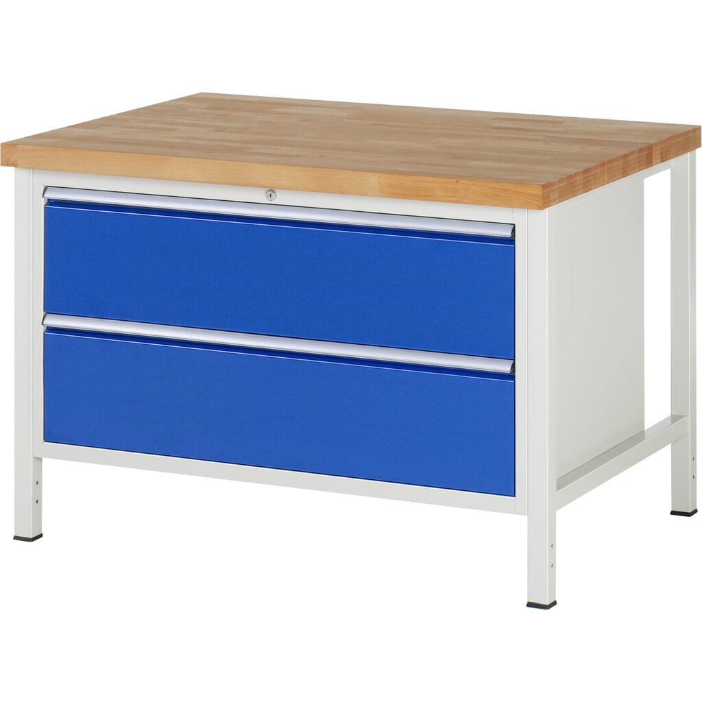 Obrázok výrobku: Pracovný stôl RAU série 8000, v × š × h 840 × 1 250 × 900 mm, 2 zásuv. s 90 % vysunutím, 2 × 270 mm, nosnosť zásuv. 50 kg