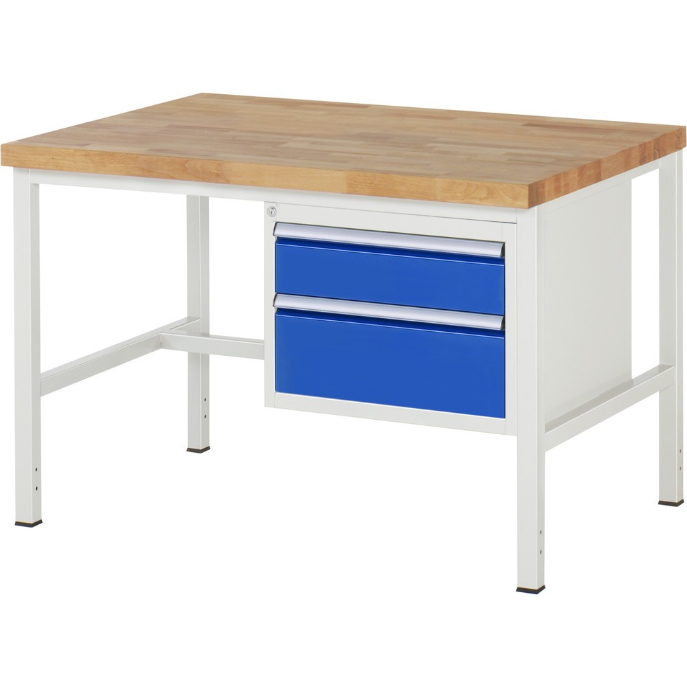 Číslo obrázka výrobku 1: Pracovný stôl RAU série 8000, v × š × h 840 – 1 040 × 1 250 × 900 mm, 2 zásuv. s 90 % vysunutím, 1 × 150, 1 × 210 mm, nosnosť zásuv. 100 kg