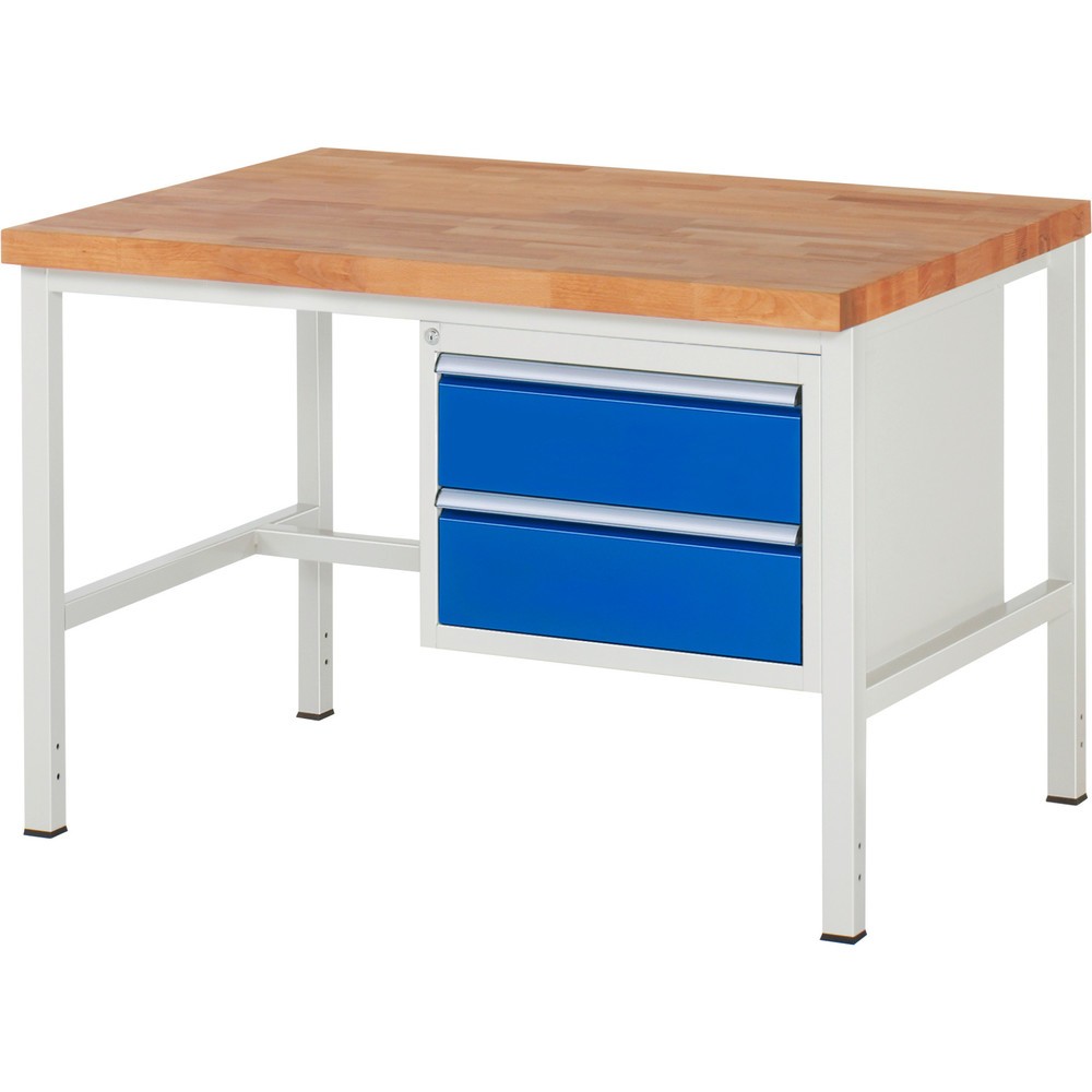 Číslo obrázka výrobku 1: Pracovný stôl RAU série 8000, v × š × h 840 – 1 040 × 1 250 × 900 mm, 2 zásuv. s 90 % vysunutím, 2 × 180 mm, nosnosť zásuv. 100 kg