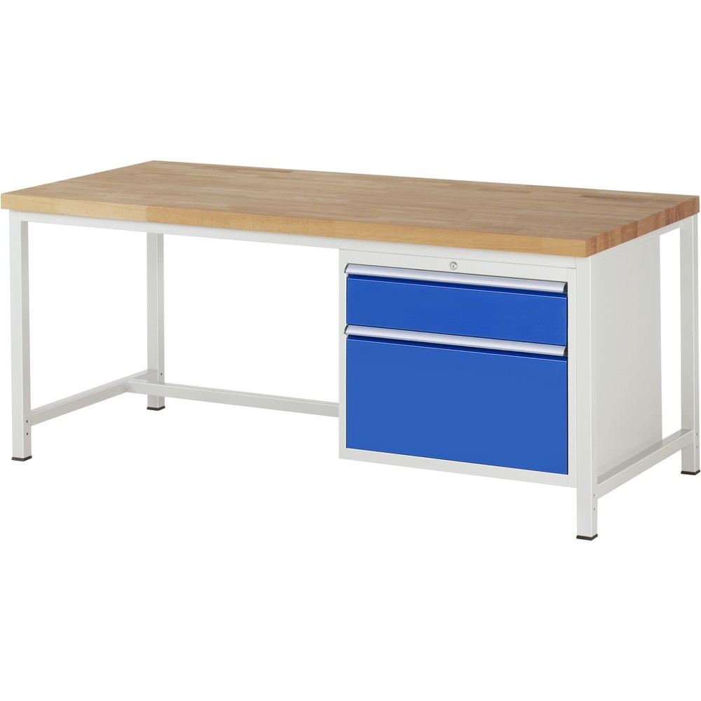 Číslo obrázka výrobku 1: Pracovný stôl RAU série 8000, v × š × h 840 – 1 040 × 2 000 × 900 mm, 2 zásuv. so 100 % vysunutím, 1 × 180, 1 × 360 mm, nosnosť zásuv. 75 kg
