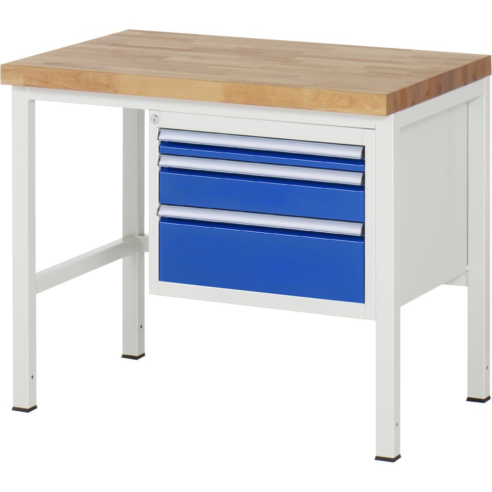 Číslo obrázka výrobku 1: Pracovný stôl RAU série 8000, v × š × h 840 – 1 040 × 1 000 × 700 mm, 3 zásuv. s 90 % vysunutím, 1 × 60, 1 × 120, 1 × 180 mm, nosnosť zásuv. 100 kg