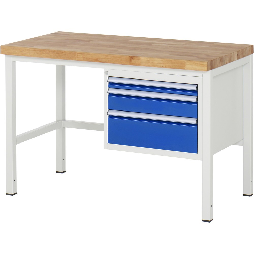 Číslo obrázka výrobku 1: Pracovný stôl RAU série 8000, v × š × h 840 – 1 040 × 1 250 × 700 mm, 3 zásuv. s 100 % vysunutím, 1 × 60, 1 × 120, 1 × 180 mm, nosnosť zásuv. 100 kg