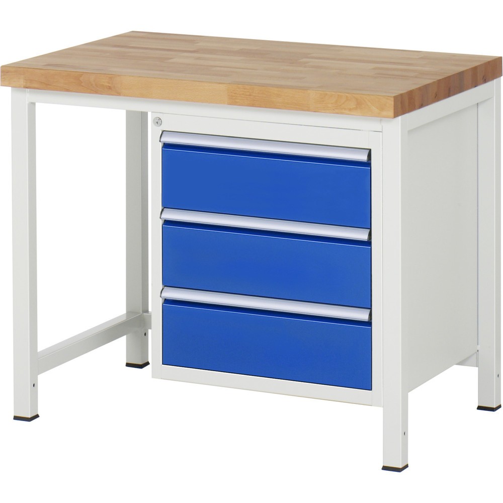 Číslo obrázka výrobku 1: Pracovný stôl RAU série 8000, v × š × h 840 – 1 040 × 1 000 × 700 mm, 3 zásuv. s 100 % vysunutím, 3 × 180 mm, nosnosť zásuv. 100 kg