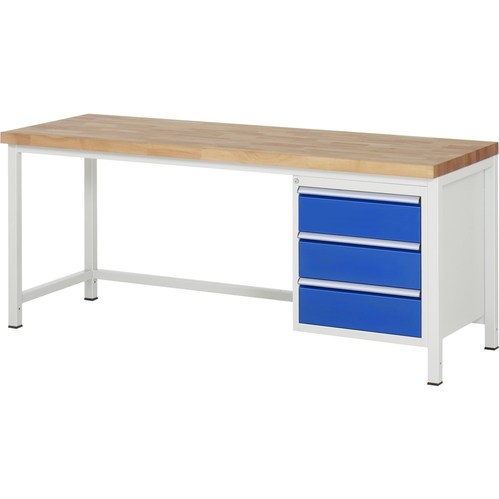 Číslo obrázka výrobku 1: Pracovný stôl RAU série 8000, v × š × h 840 × 2 000 × 700 mm, 3 zásuv. s 100 % vysunutím, 3 × 180 mm, nosnosť zásuv. 100 kg