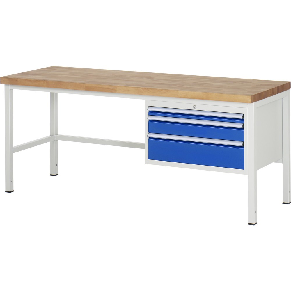 Číslo obrázka výrobku 1: Pracovný stôl RAU série 8000, v × š × h 840 × 2 000 × 700 mm, 3 zásuv. so 100 % vysunutím, 1 × 60, 1 × 120, 1 × 180 mm, nosnosť zásuv. 75 kg
