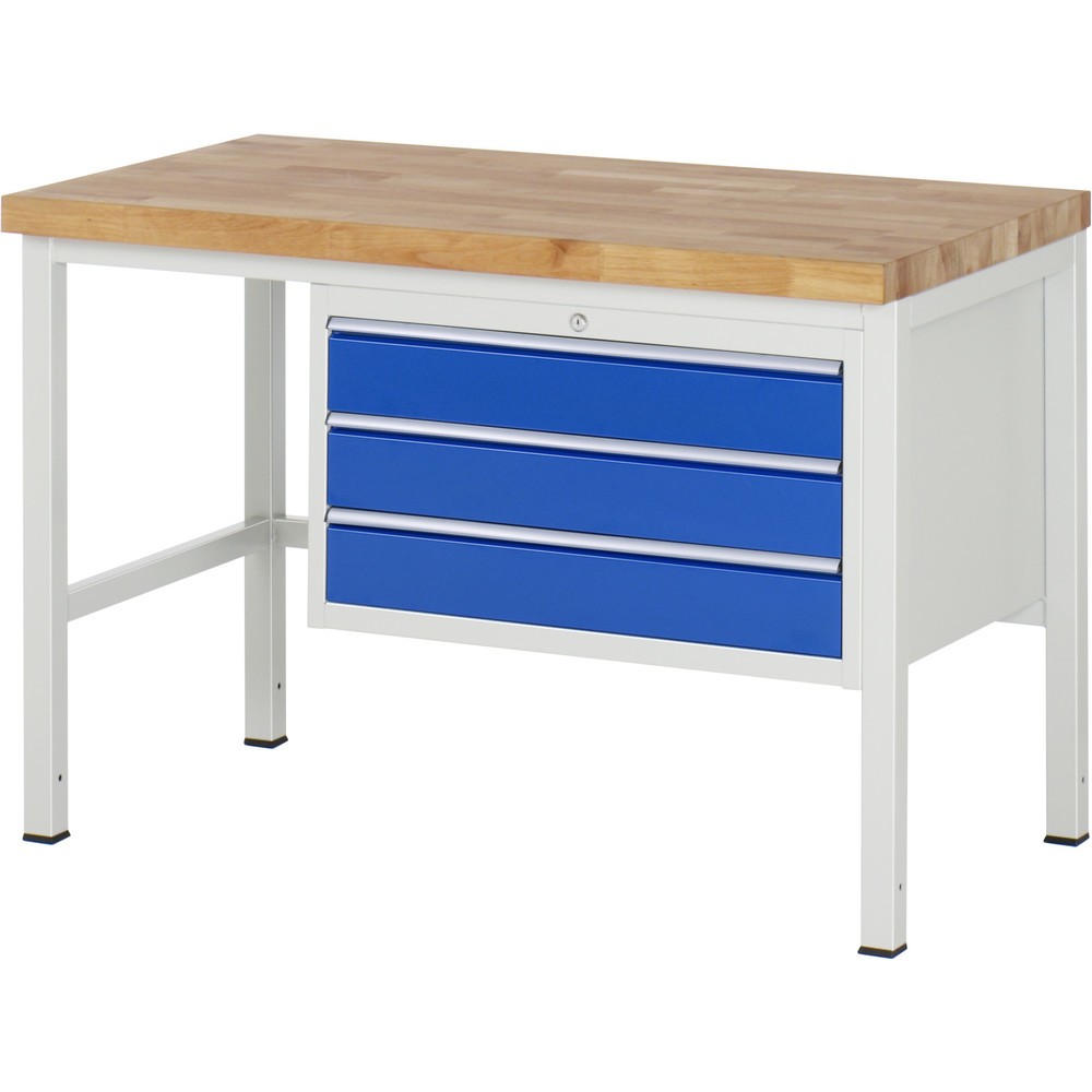 Číslo obrázka výrobku 1: Pracovný stôl RAU série 8000, v × š × h 840 × 1 250 × 700 mm, 3 zásuv. so 100 % vysunutím, 3 × 120 mm, nosnosť zásuv. 75 kg